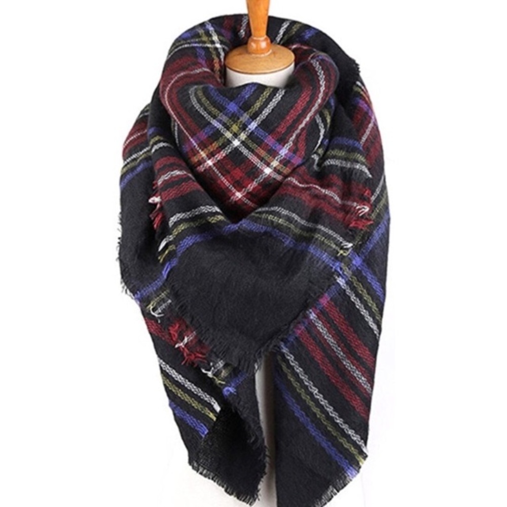 Navy and Cranberry Ultra Plush Plaid Blanket Scarf - Picture 2 of 2